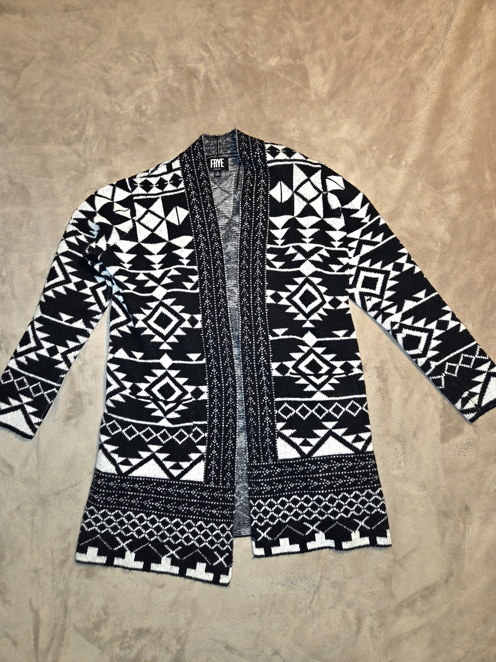 FRYE Beautiful Black & White Geometric Open-Front Women's Sweater Sz S